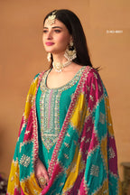 Green Chinon Silk Plus Size Upto 5XL Size Kameez Pant Suit For Indian Festivals & Weddings - Thread Embroidery Work, Sequence Embroidery Work