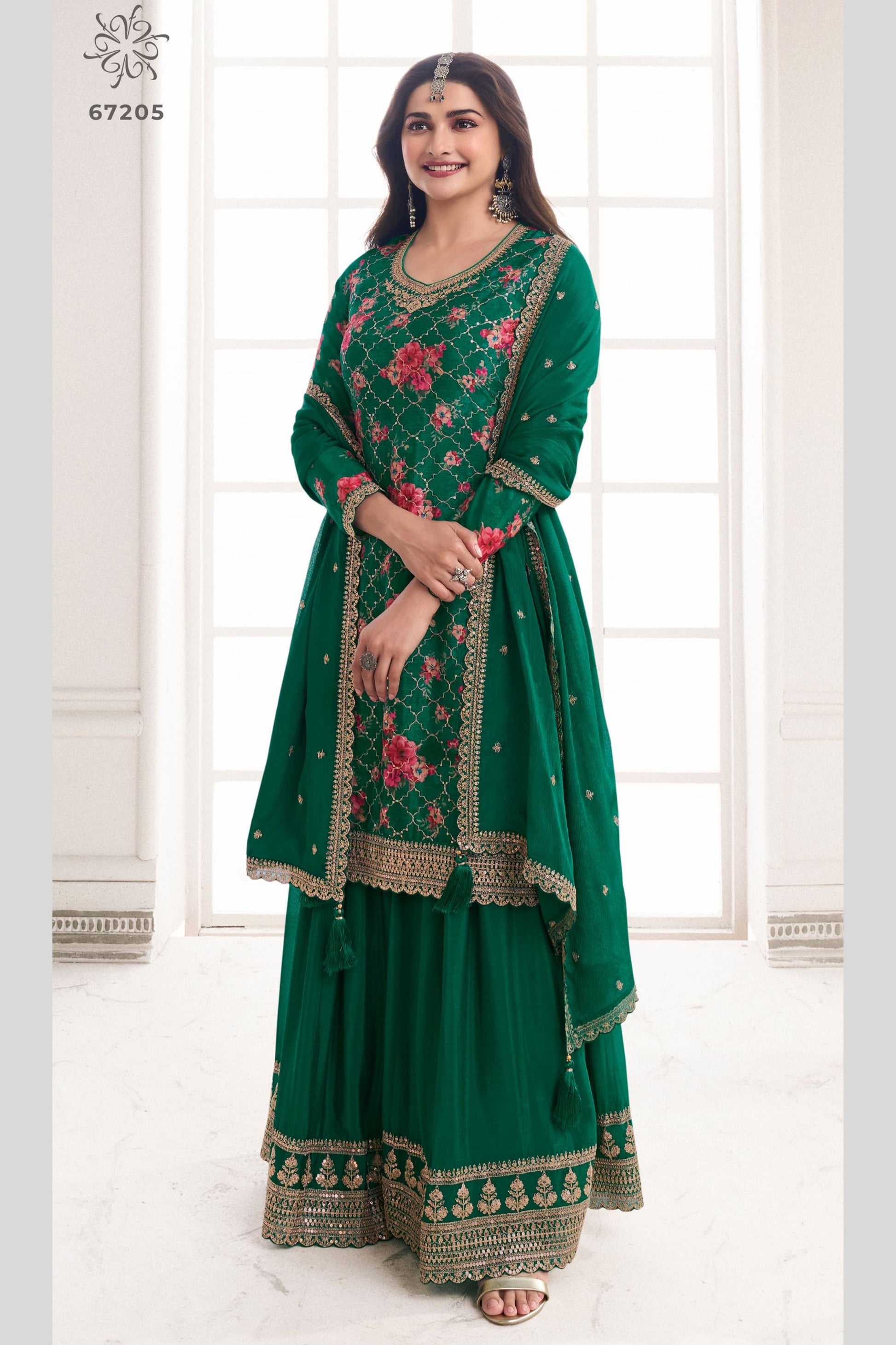 Green Chinon Silk Floral Plazo Suit For Indian Festivals & Pakistani Weddings Dress - Embroidery Work, Print Work