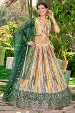 Green Chinon Silk Printed Lehenga Choli with Zari and Sequins