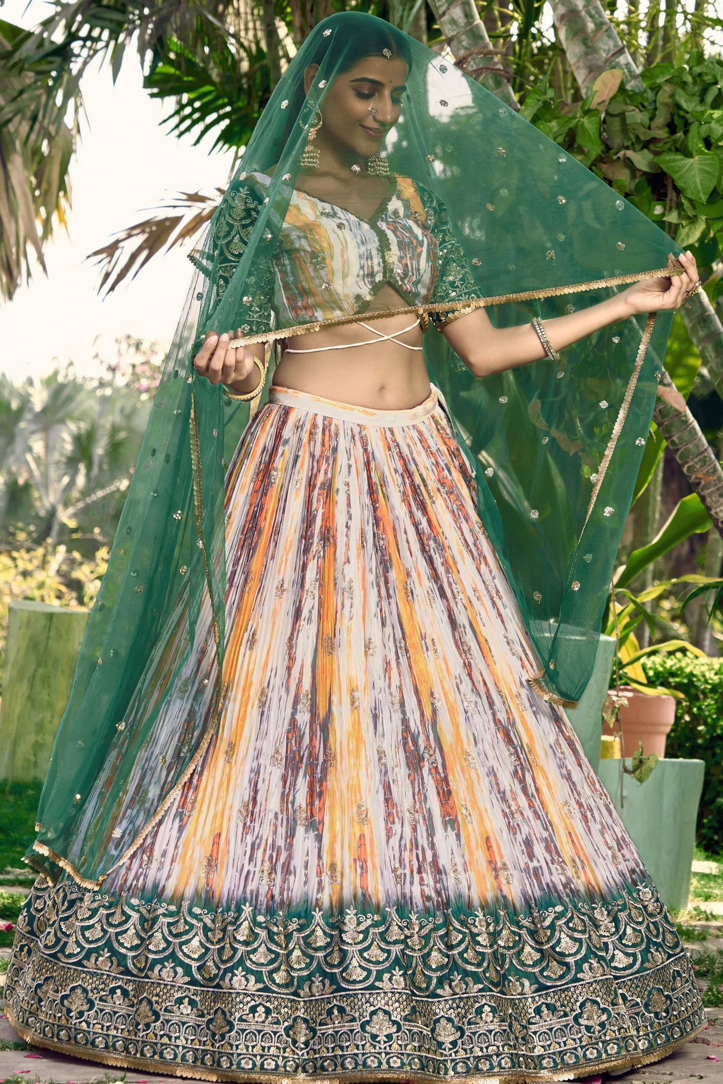 Green Chinon Silk Printed Lehenga Choli with Zari and Sequins