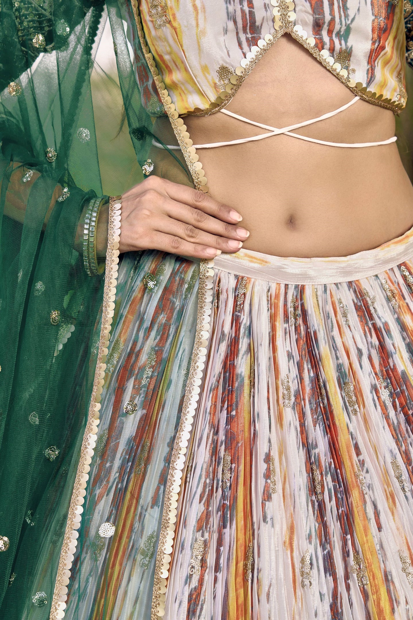 Green Chinon Silk Printed Lehenga Choli with Zari and Sequins
