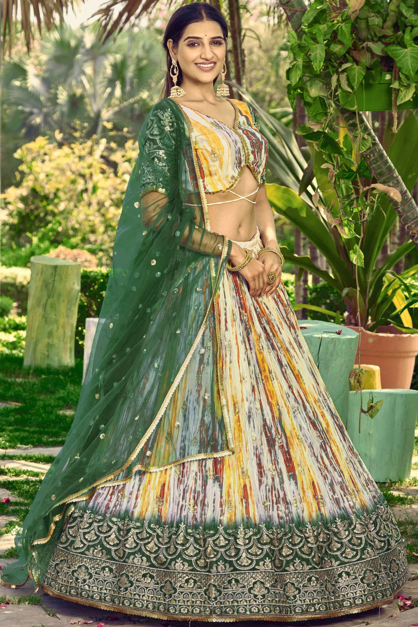 Green Chinon Silk Printed Lehenga Choli with Zari and Sequins