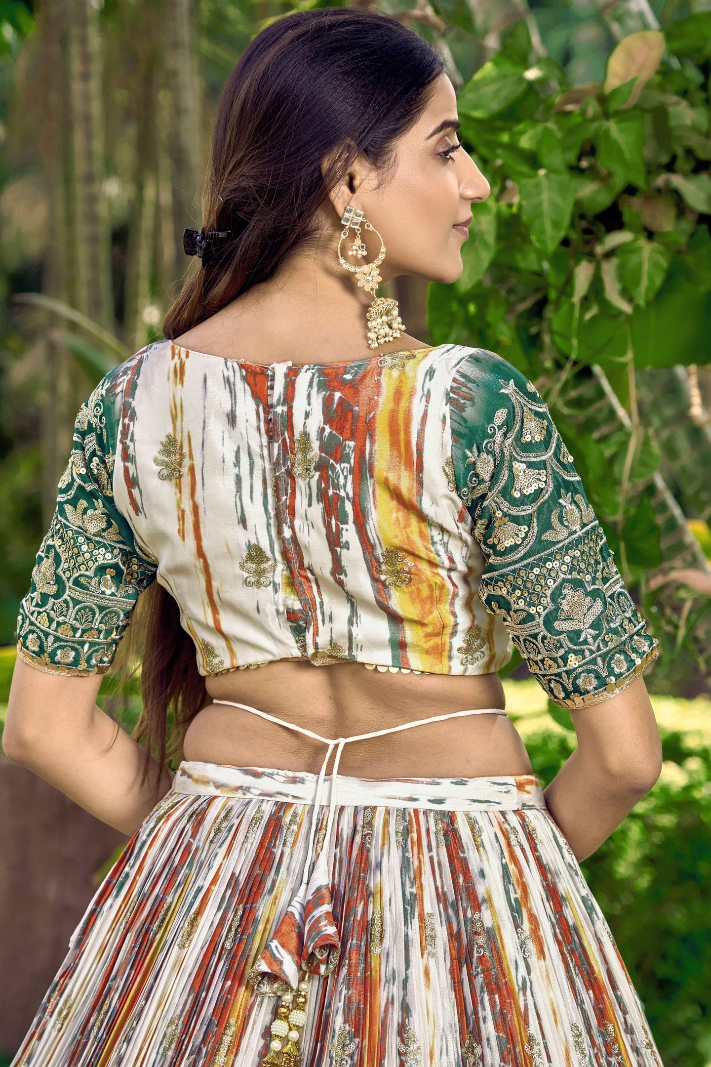 Green Chinon Silk Printed Lehenga Choli with Zari and Sequins