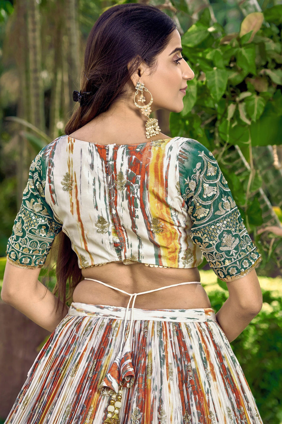 Green Chinon Silk Printed Lehenga Choli with Zari and Sequins