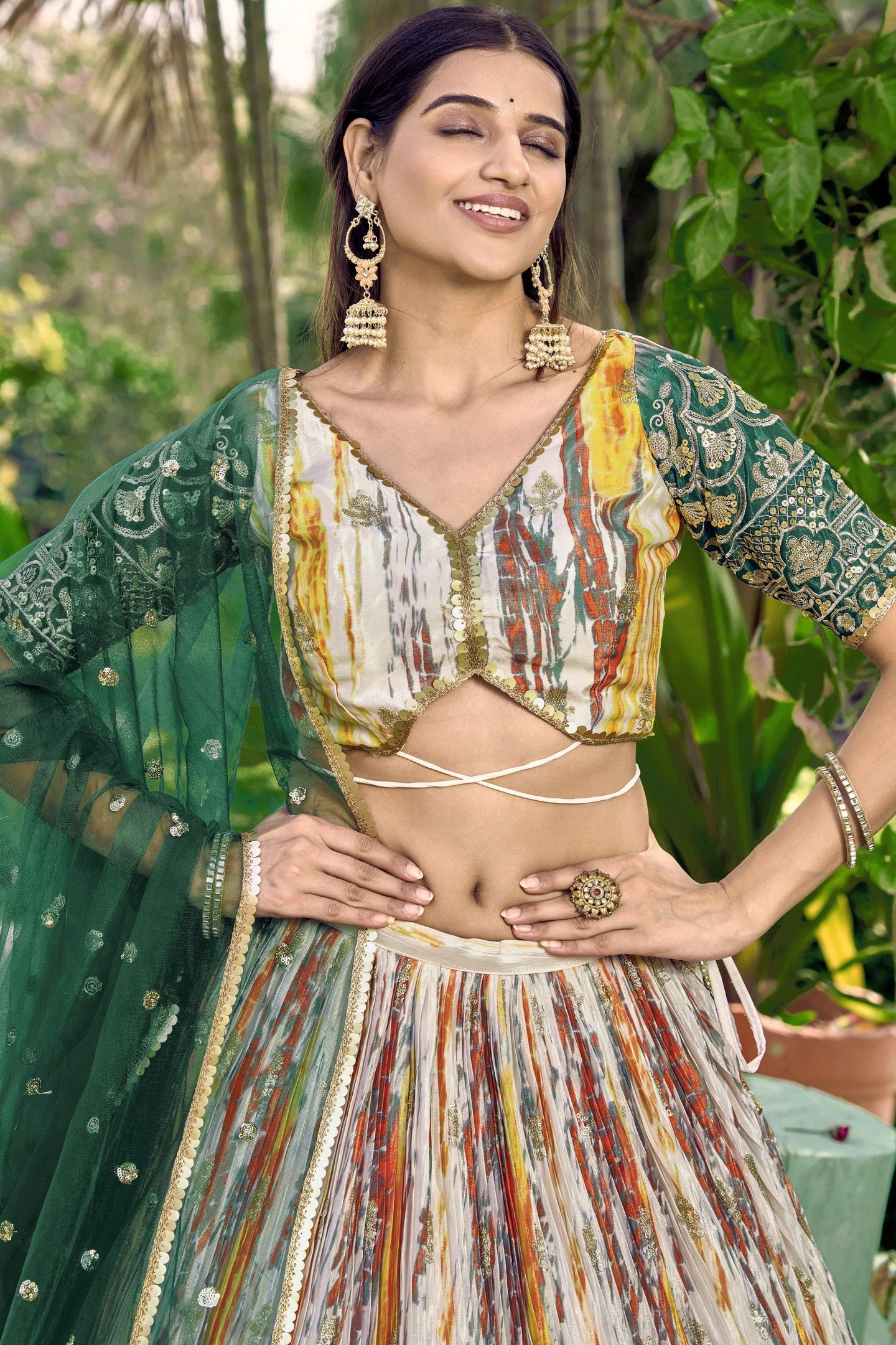 Green Chinon Silk Printed Lehenga Choli with Zari and Sequins