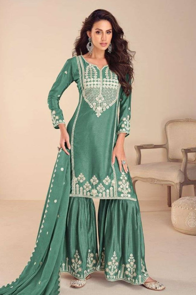 Emerald Green Chinon Silk Sharara Suit For Indian & Pakistani Wedding Festival - Embroidery Work, Khatli Work