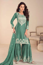 Emerald Green Chinon Silk Sharara Suit For Indian & Pakistani Wedding Festival - Embroidery Work, Khatli Work