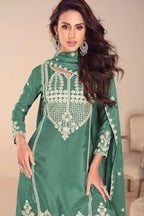 Green Chinon Silk Sharara Suit For Indian & Pakistani Wedding Festival - Embroidery Work, Khatli Work