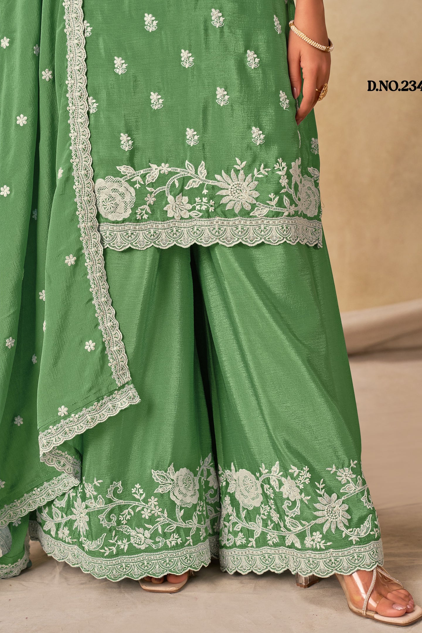 Green Chinon Silk Wedding Plazo Dress for Women with Thread Embroidery
