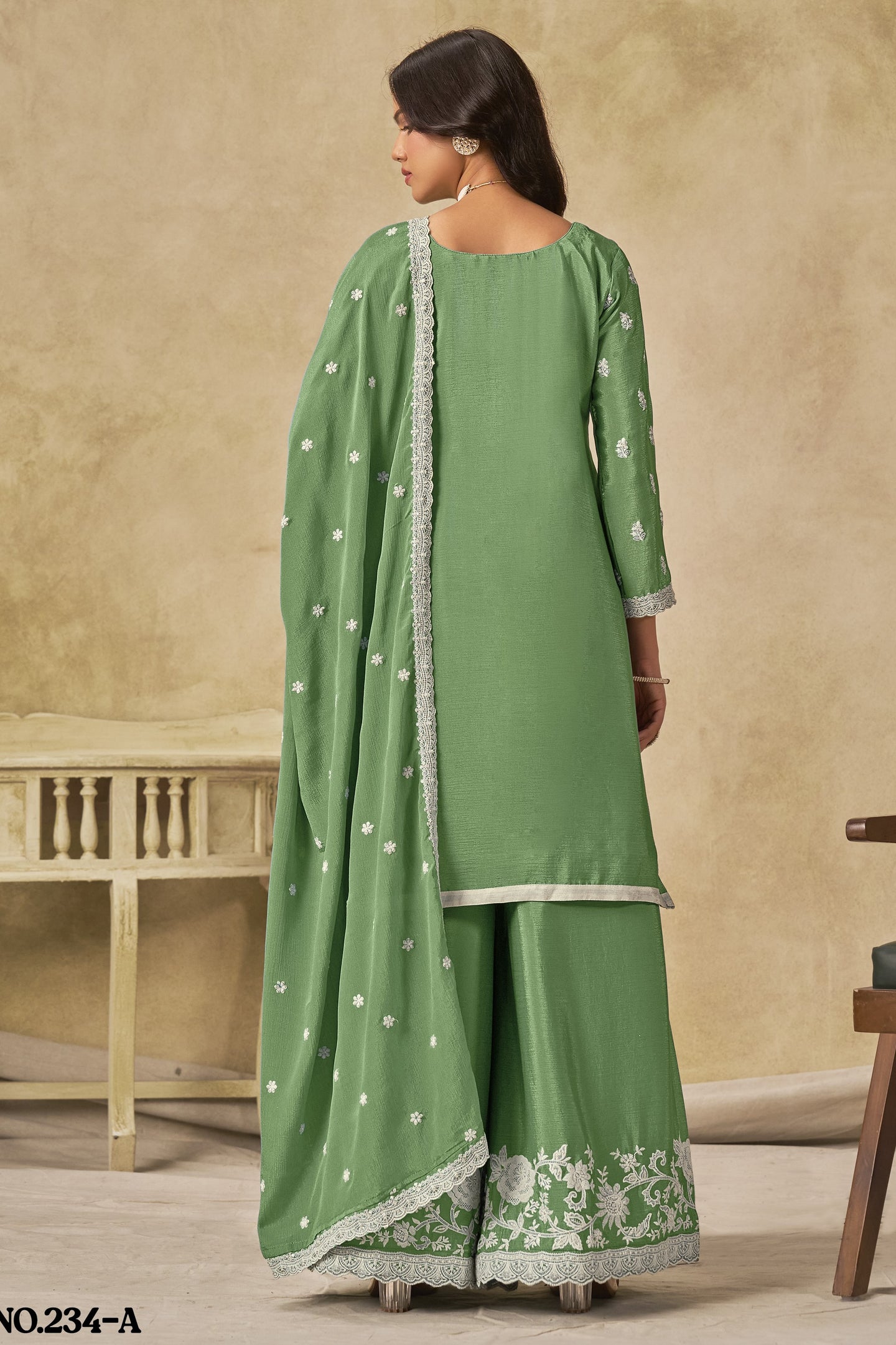 Green Chinon Silk Wedding Plazo Dress for Women with Thread Embroidery