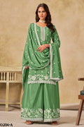 Green Chinon Silk Wedding Plazo Dress for Women with Thread Embroidery