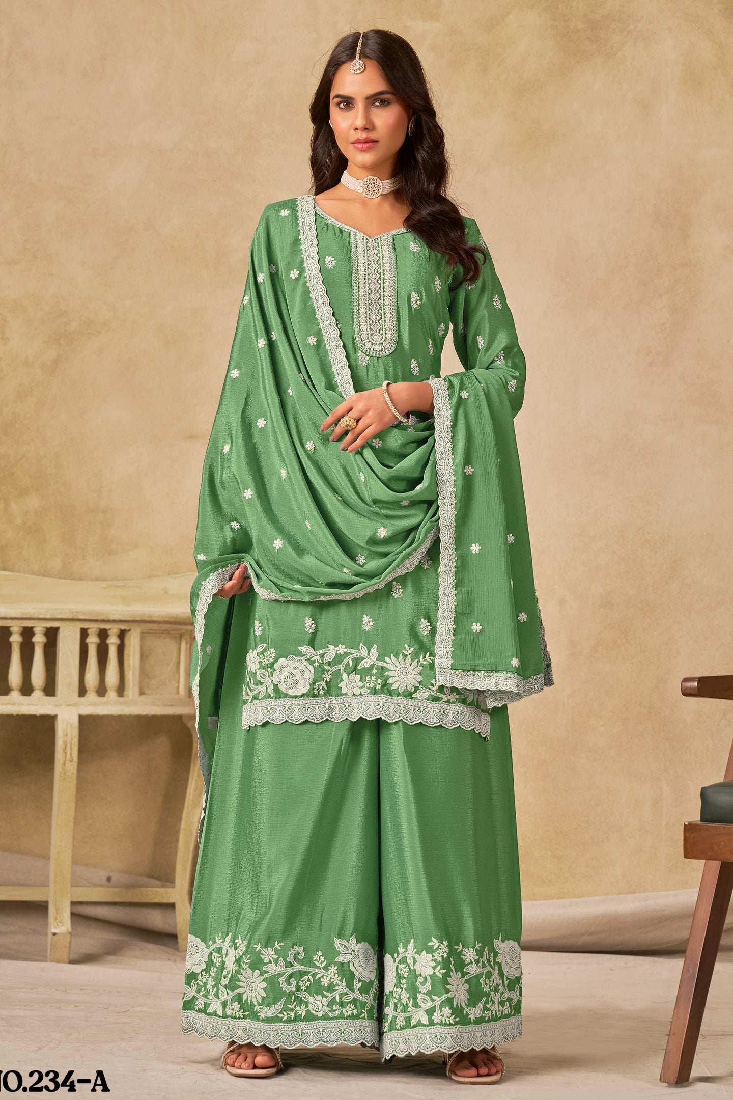 Green Chinon Silk Wedding Plazo Dress for Women with Thread Embroidery
