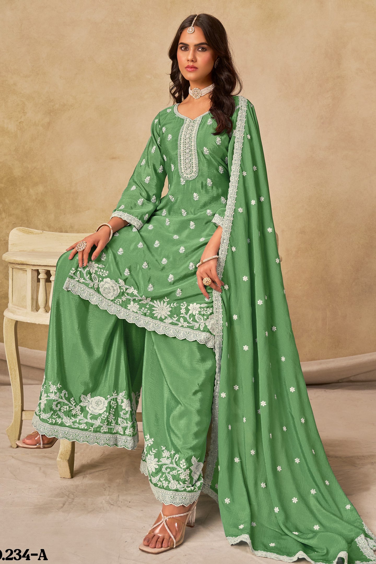 Green Chinon Silk Wedding Plazo Dress for Women with Thread Embroidery