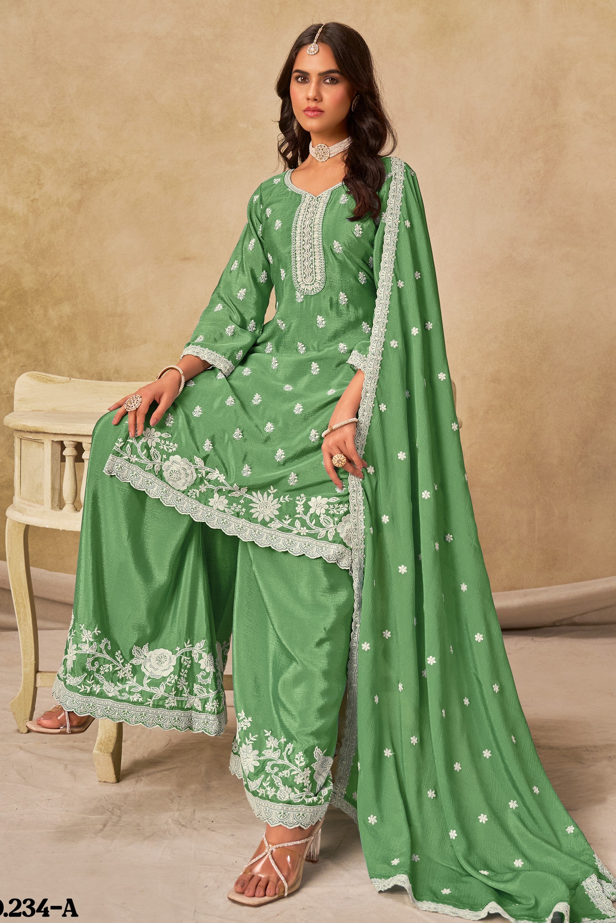 Green Chinon Silk Wedding Plazo Dress for Women with Thread Embroidery