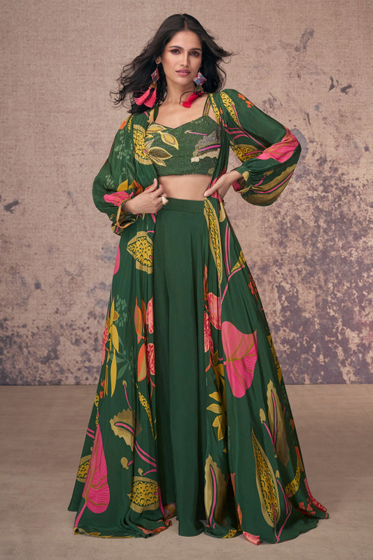 Green Crepe Silk Flower Printed Plazo Choli with Koti for Indian Festivals & Pakistani Weddings - Print Work, Embroidery Work