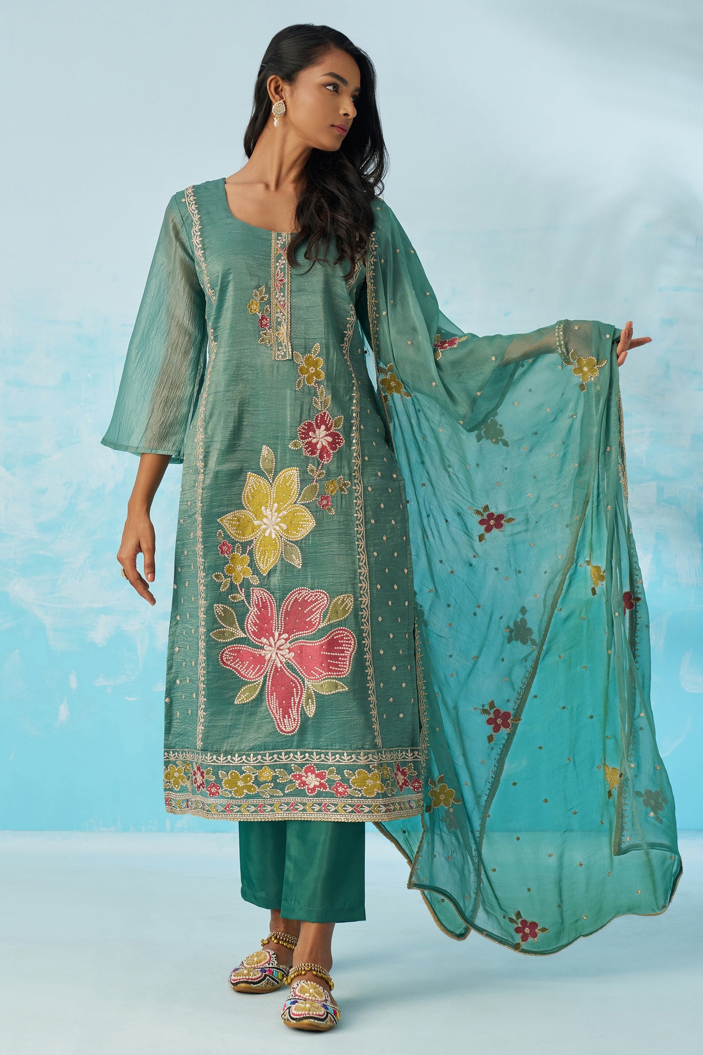 Green Crush Fabric Kameez With Pant For Indian & Pakistani Wedding Festival - Thread & Sequence Embroidery