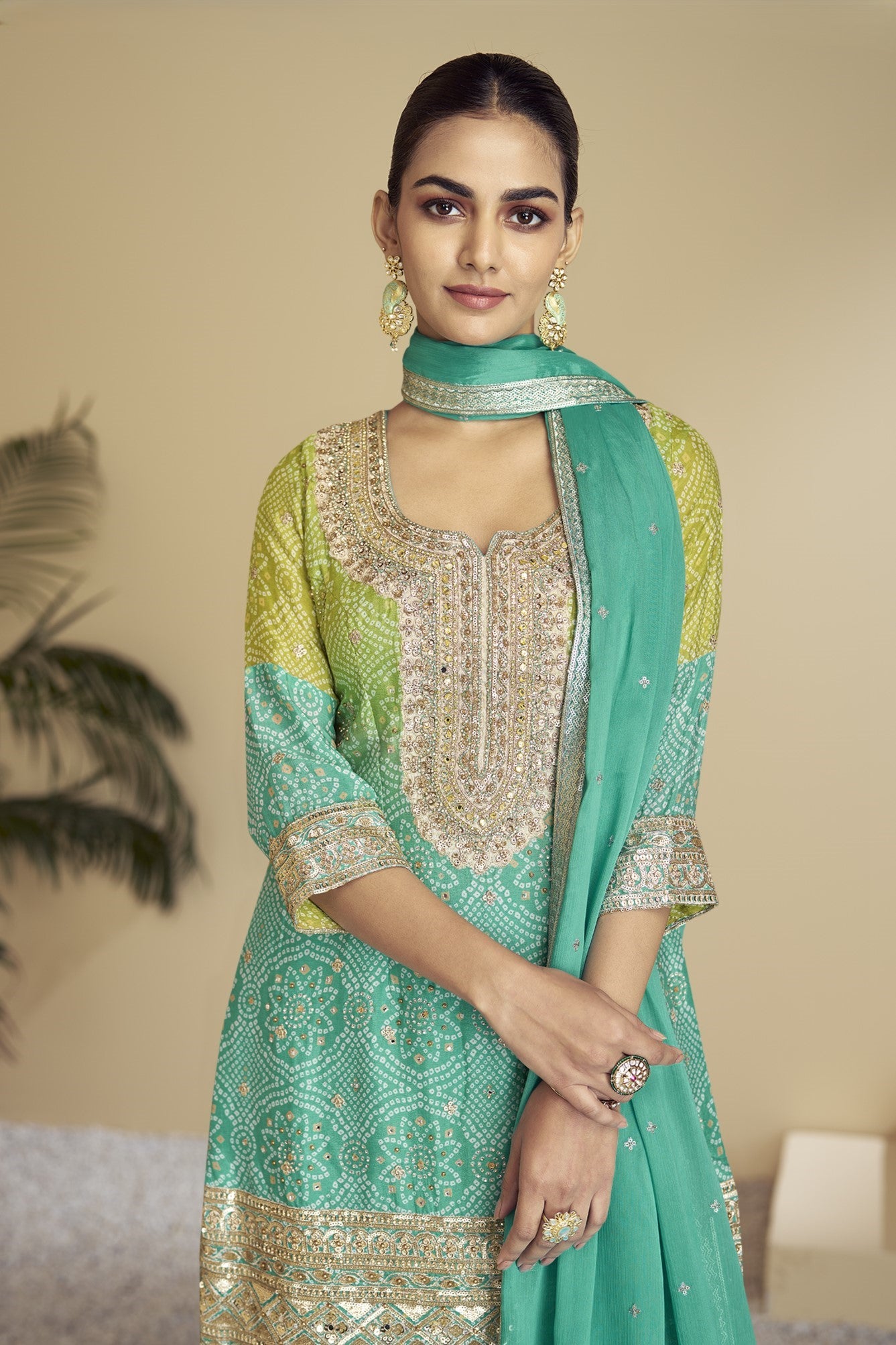 Green Dual Color Chinon Silk Bandhani Style Pattern Palazzo Suit For Indian Festivals & Weddings - Embroidery Work, Mirror Work, Print Work