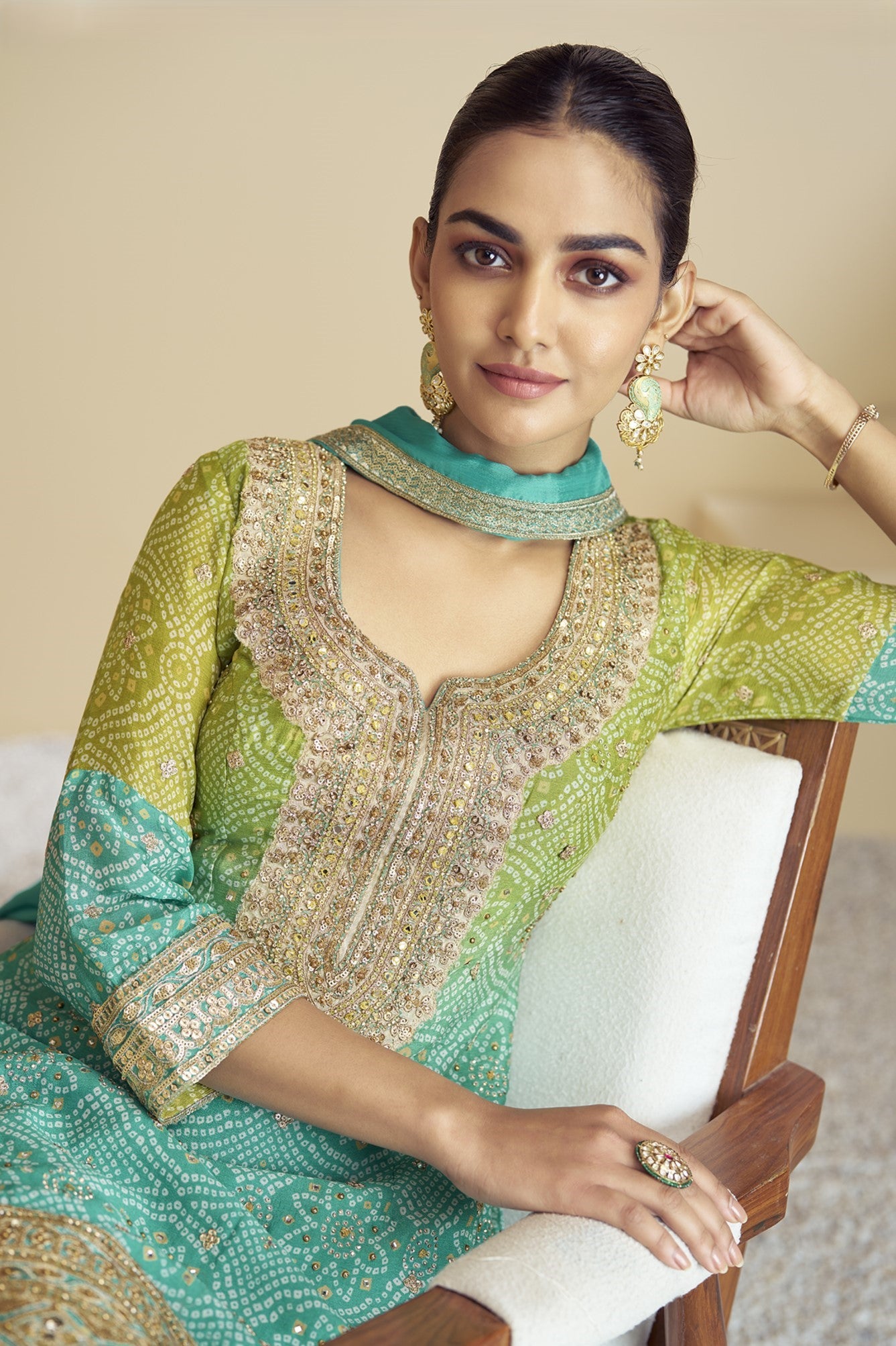 Green Dual Color Chinon Silk Bandhani Style Pattern Palazzo Suit For Indian Festivals & Weddings - Embroidery Work, Mirror Work, Print Work