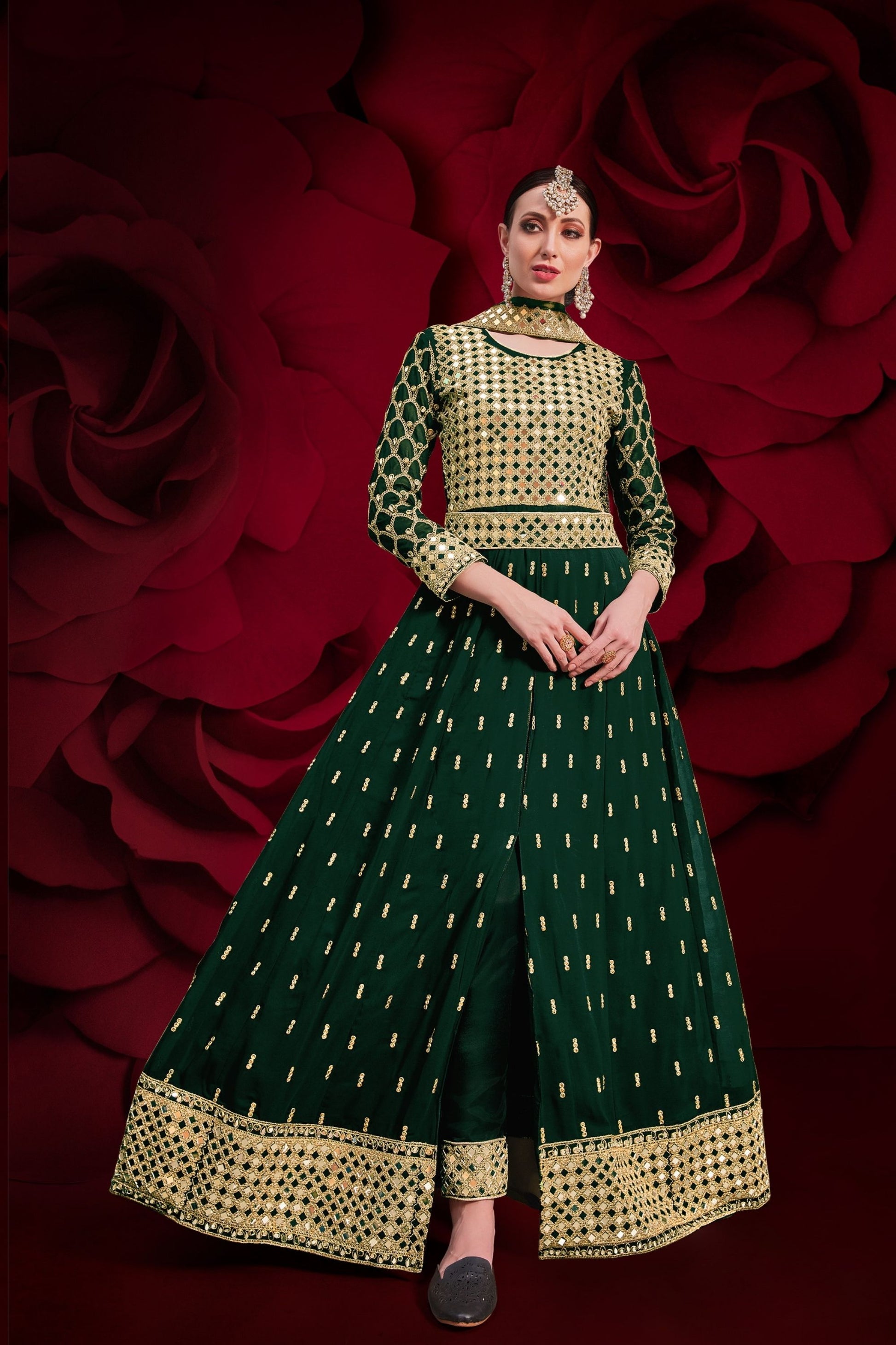 Green Pakistani Georgette Anarkali Gown For Indian Festivals & Weddings - Thread Embroidery Work, Mirror Work