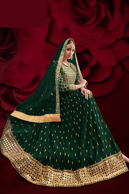 Green Pakistani Georgette Anarkali Gown For Indian Festivals & Weddings - Thread Embroidery Work, Mirror Work