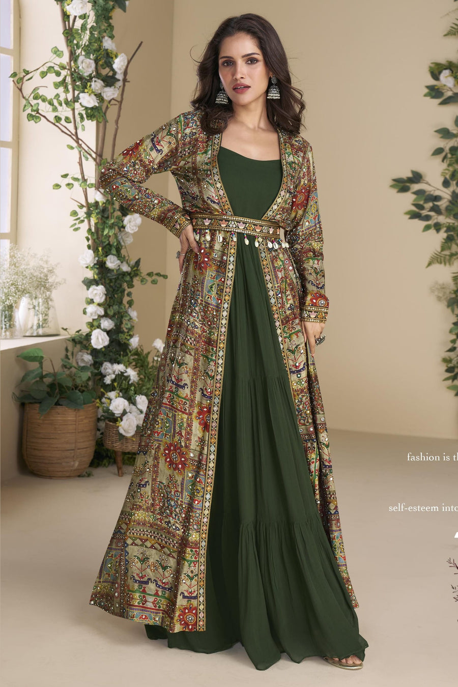 Green Georgette Anarkali Suit With Long Jacket For Indian & Pakistani Wedding Festival - Thread Embroidery Work, Print Work