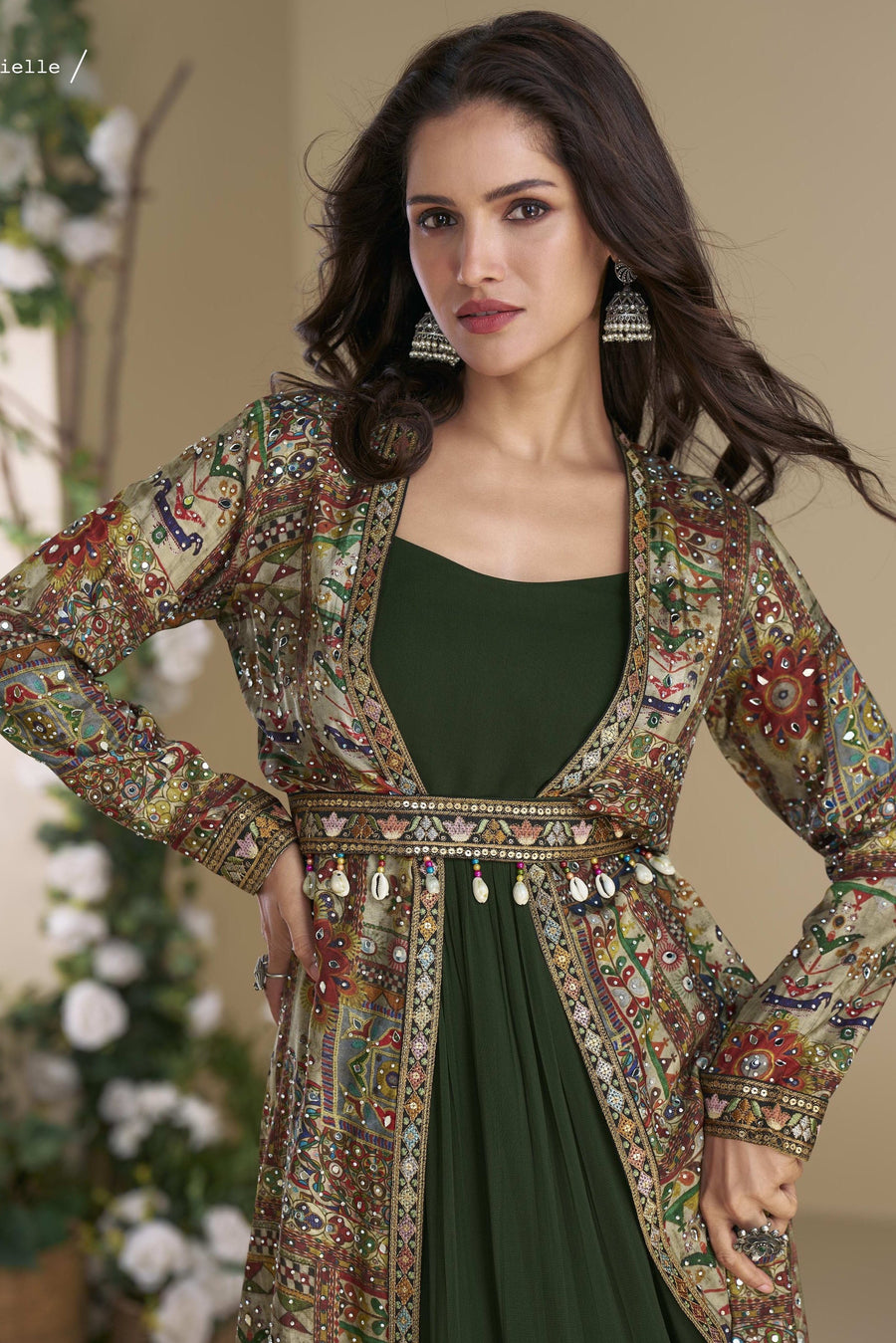 Green Georgette Anarkali Suit With Long Jacket For Indian & Pakistani Wedding Festival - Thread Embroidery Work, Print Work