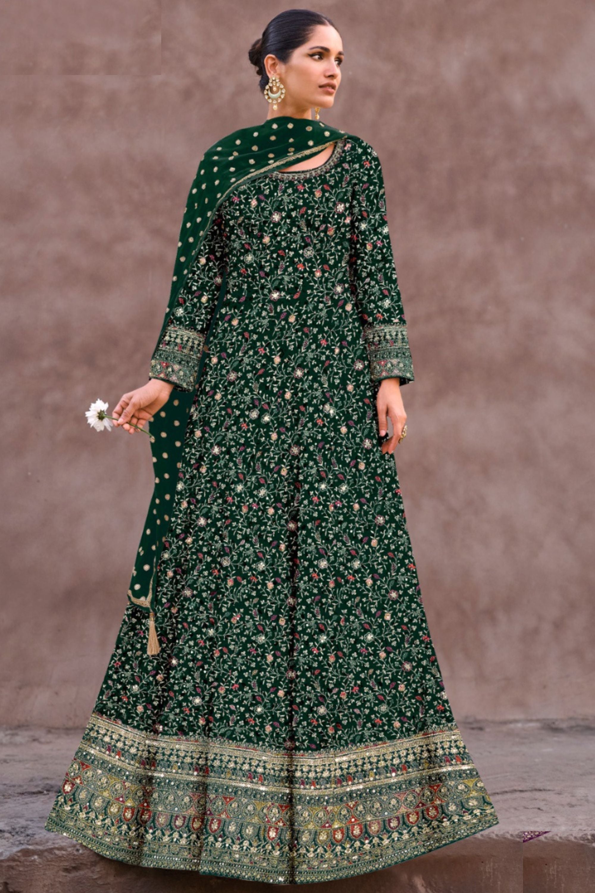 Green Georgette Floor Length Long Anarkali Gown For Indian Festivals & Pakistani Weddings Dress - Embroidery Work