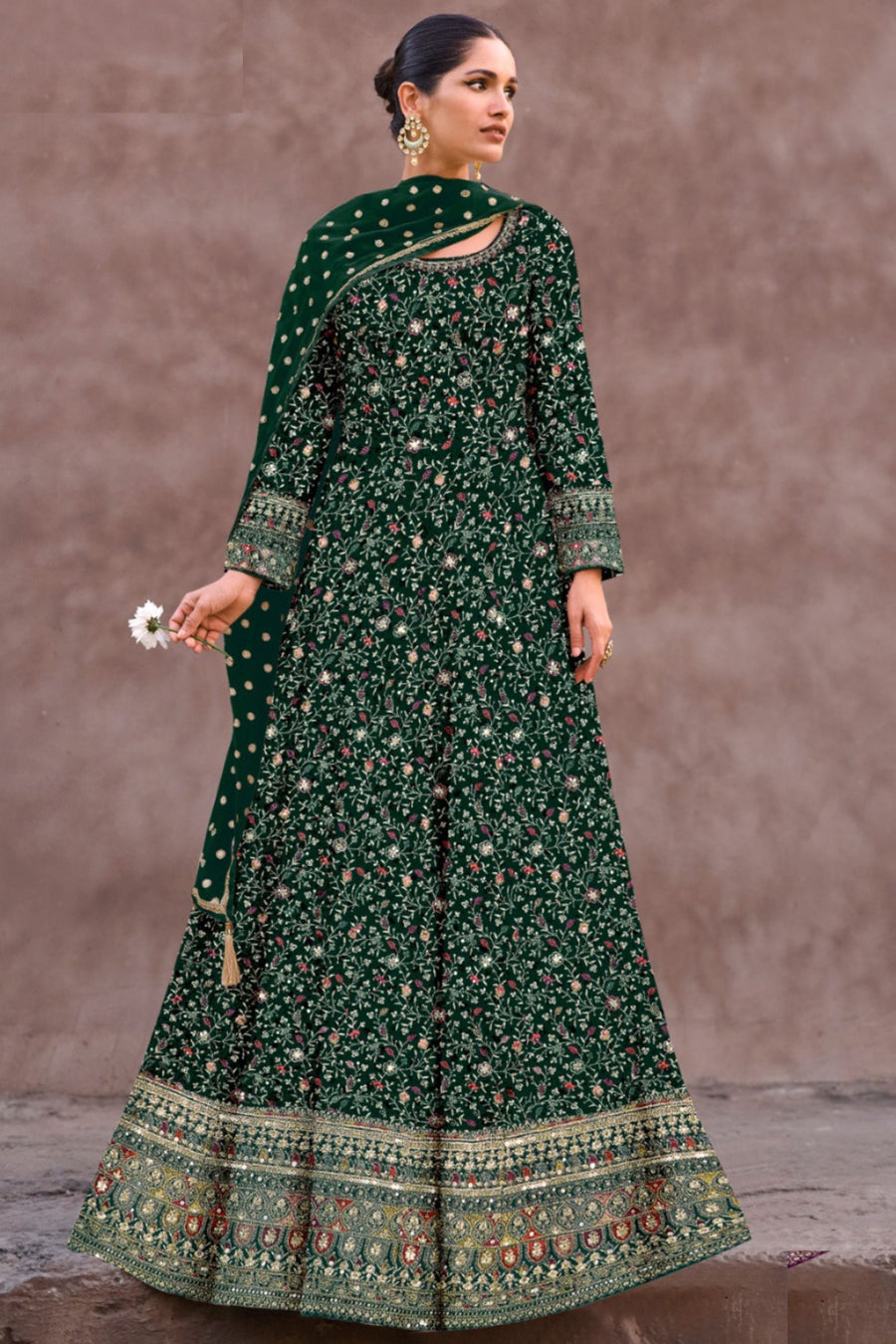 Green Georgette Floor Length Long Anarkali Gown For Indian Festivals & Pakistani Weddings Dress - Embroidery Work