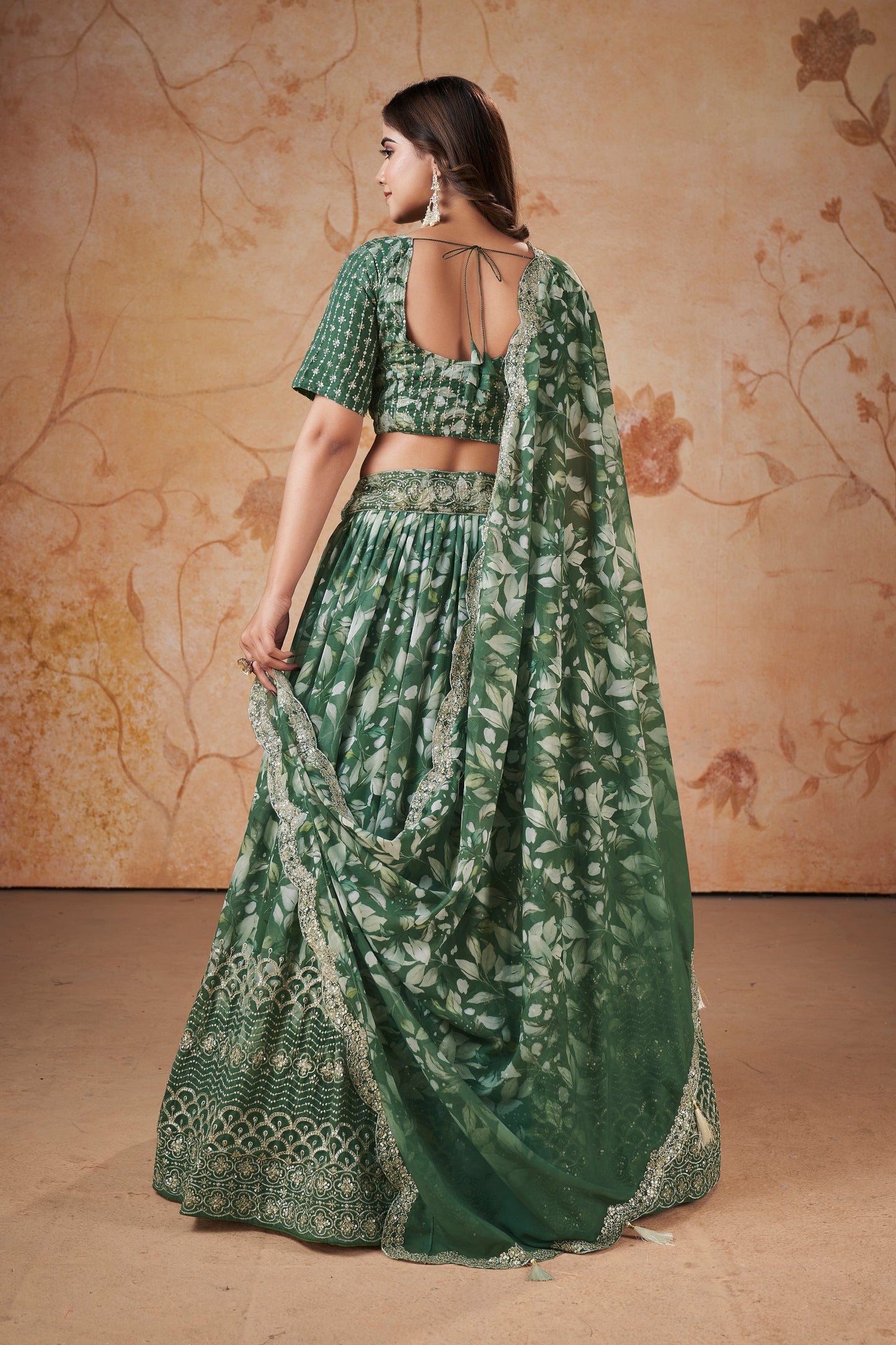 Green Georgette Floral Printed Lehenga Choli 4 Meter Flair For Indian Festivals & Weddings - Sequence Embroidery Work, Zari Work, Print Work