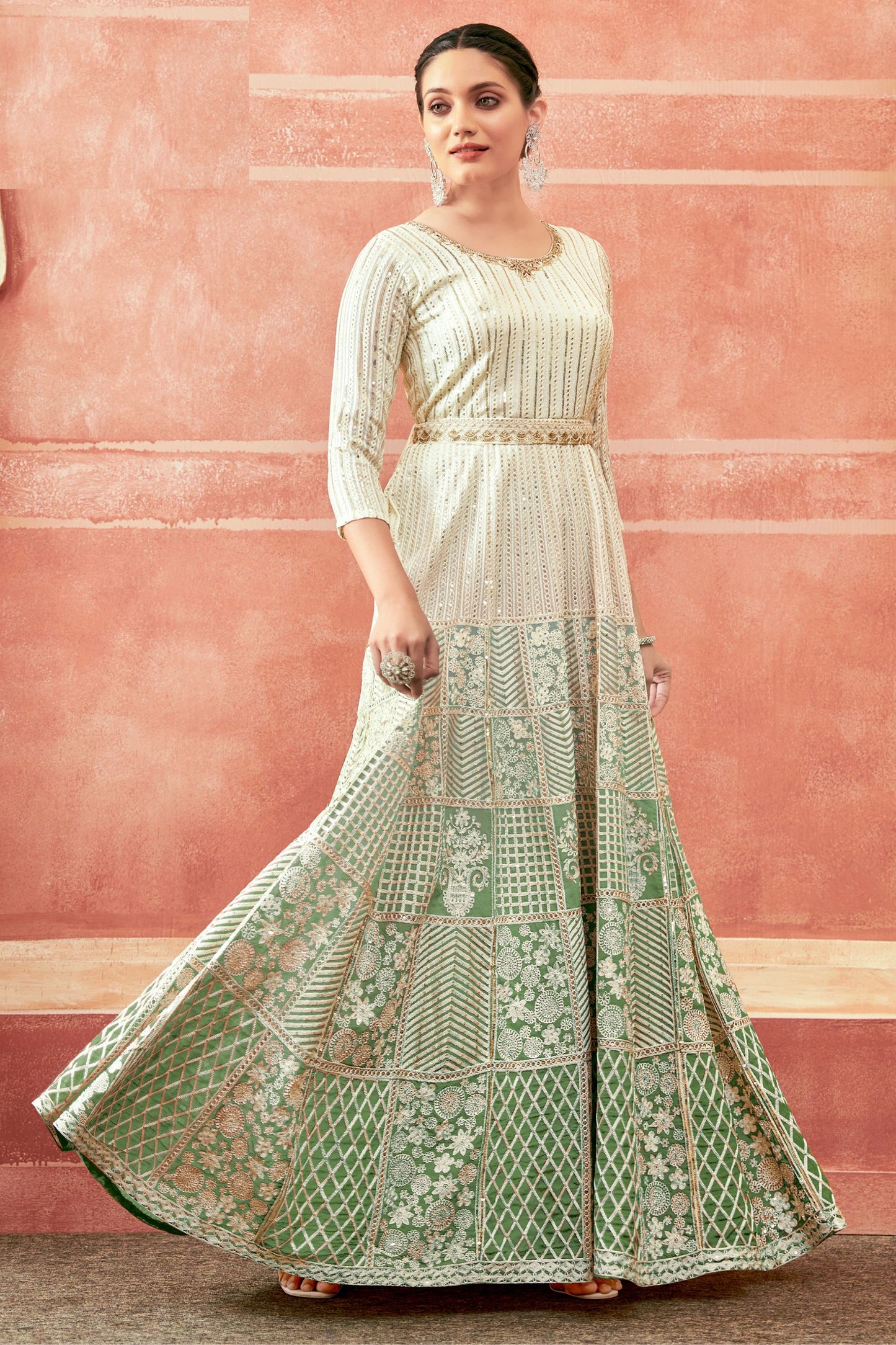 Green Georgette Full Floor Dual Tone Length Anarkali Gown For Indian Festivals & Weddings - Thread Embroidery Work, Print Work