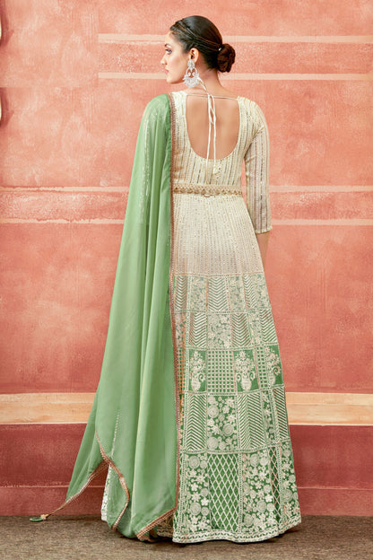 Green Georgette Full Floor Dual Tone Length Anarkali Gown For Indian Festivals & Weddings - Thread Embroidery Work, Print Work