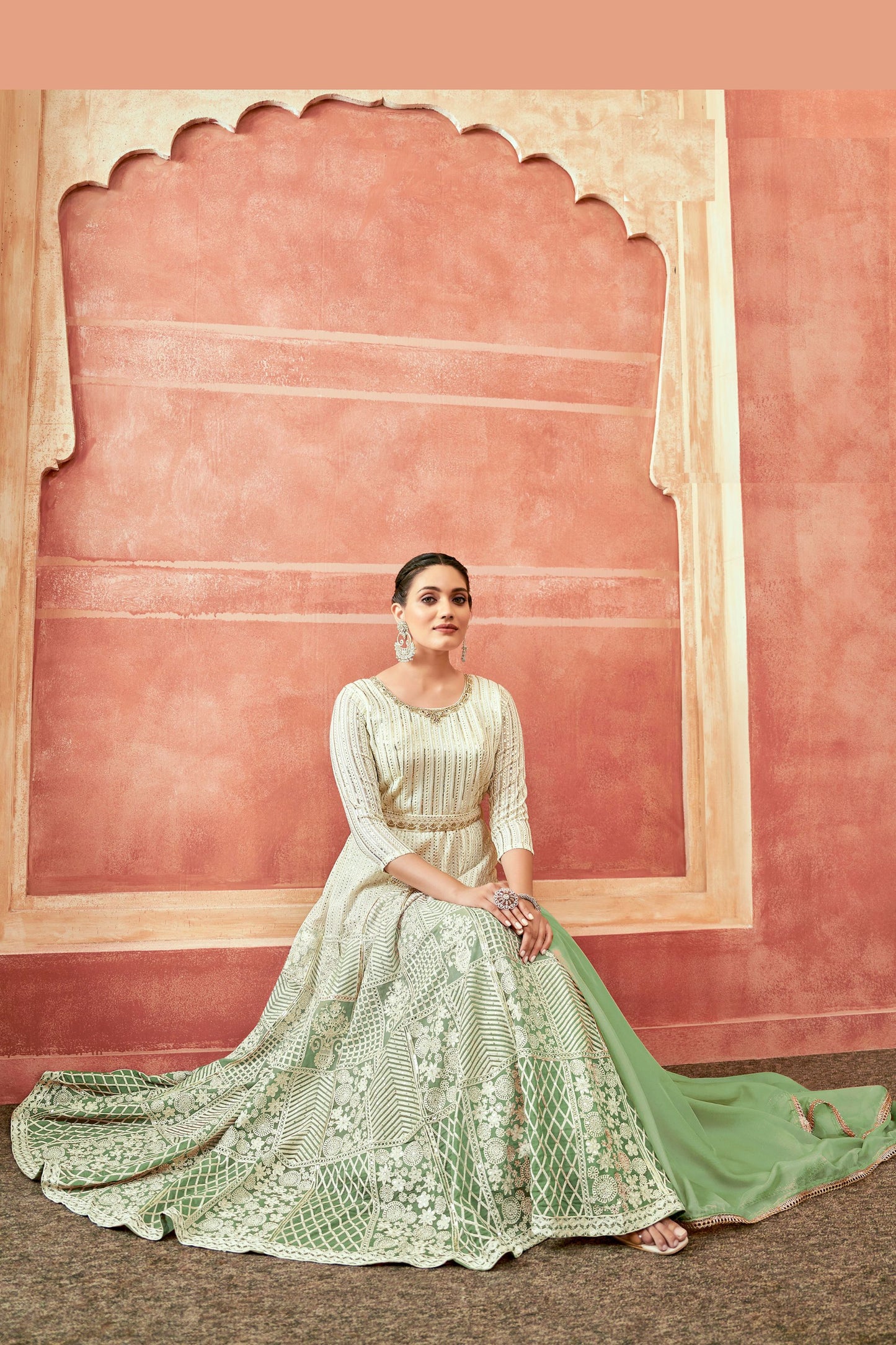 Green Georgette Full Floor Dual Tone Length Anarkali Gown For Indian Festivals & Weddings - Thread Embroidery Work, Print Work