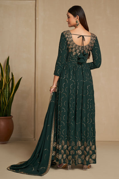 Green Georgette Full Length Anarkali Gown For Indian Festivals & Weddings - Sequence Embroidery Work, Zari Work