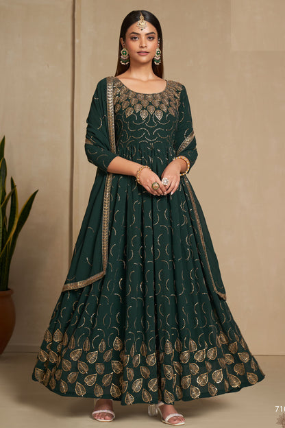 Green Georgette Full Length Anarkali Gown For Indian Festivals & Weddings - Sequence Embroidery Work, Zari Work