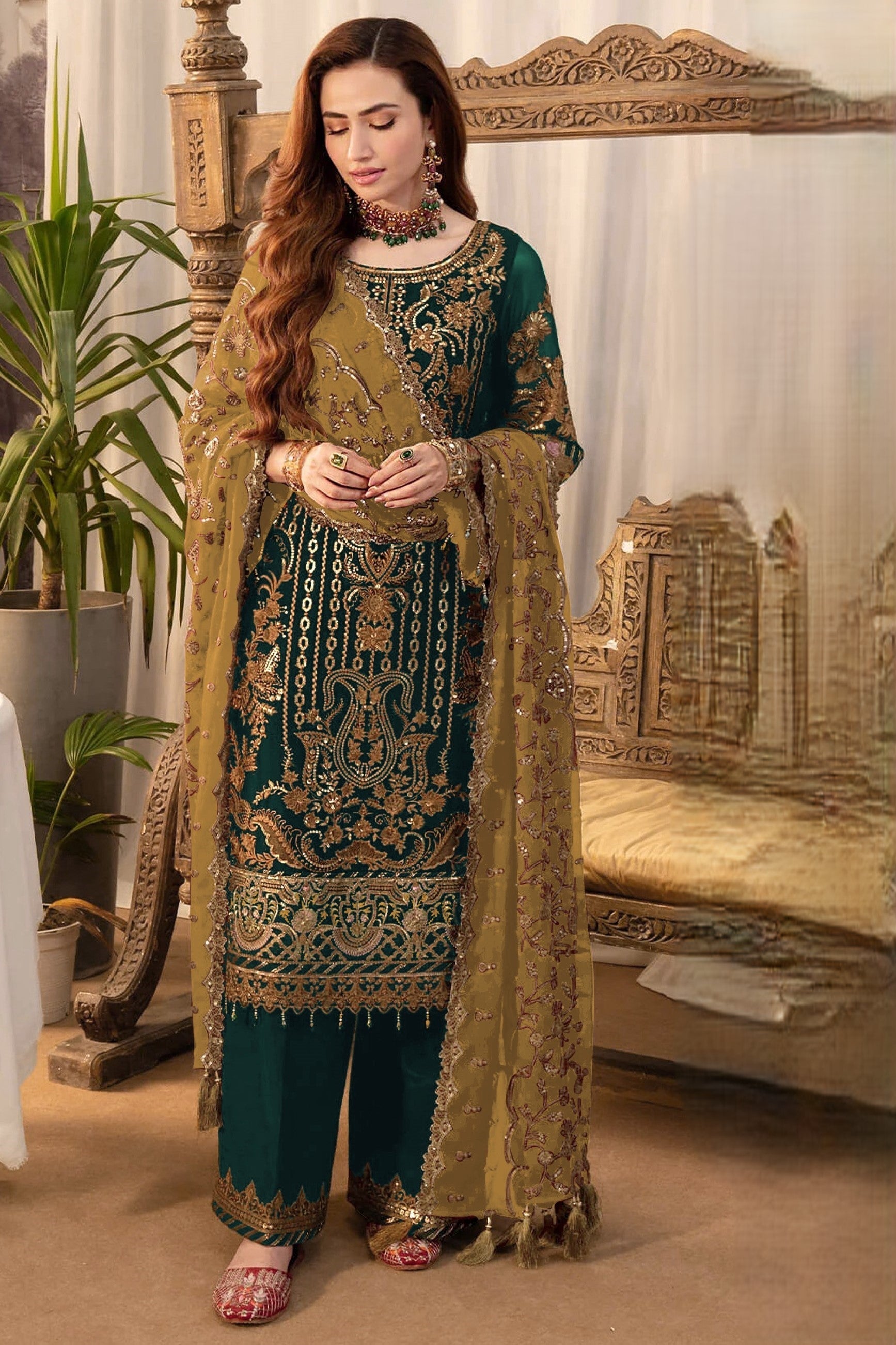 Green Georgette Kameez With Pant For Indian & Pakistani Wedding Festival - Thread & Sequence Embroidery