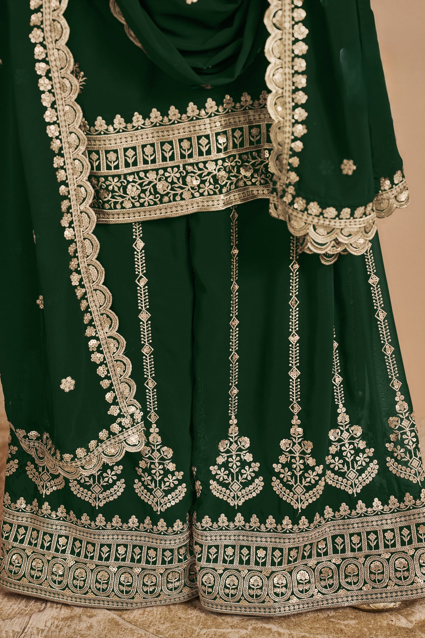 Green Georgette Latest Plazo Design for Wedding with Thread and Sequins Embroidery