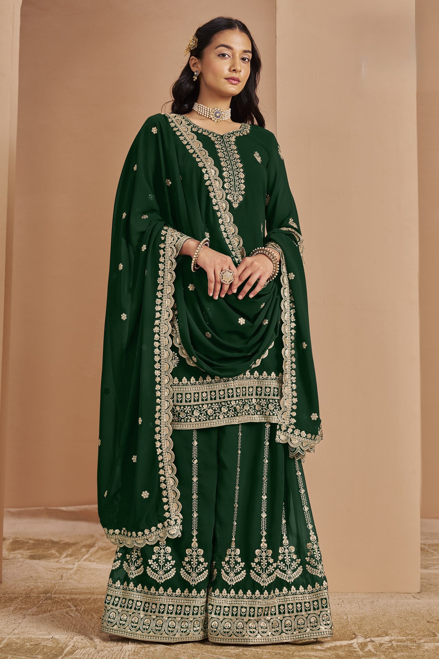 Green Georgette Latest Plazo Design for Wedding with Thread and Sequins Embroidery