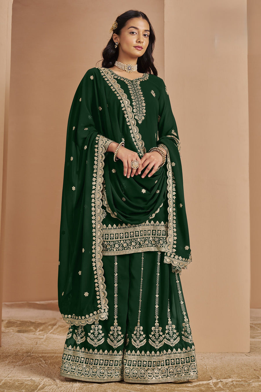 Green Georgette Latest Plazo Design for Wedding with Thread and Sequins Embroidery
