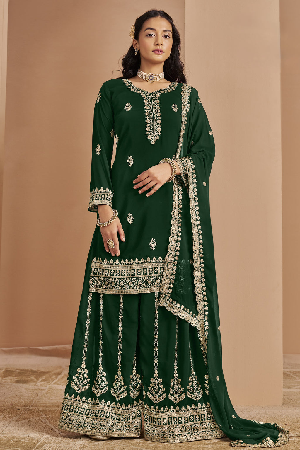 Green Georgette Latest Plazo Design for Wedding with Thread and Sequins Embroidery