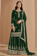 Green Georgette Latest Plazo Design for Wedding with Thread and Sequins Embroidery