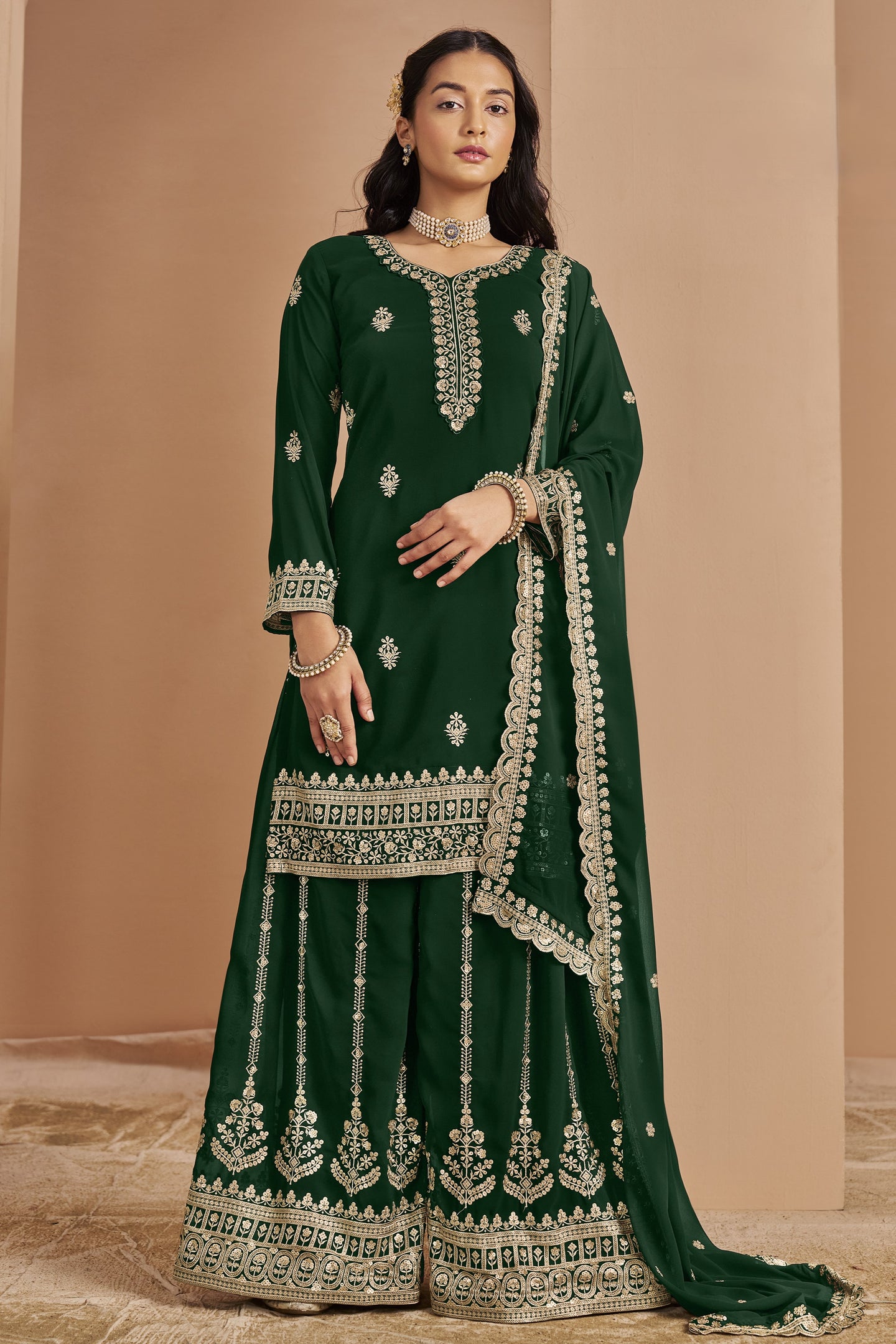 Green Georgette Latest Plazo Design for Wedding with Thread and Sequins Embroidery