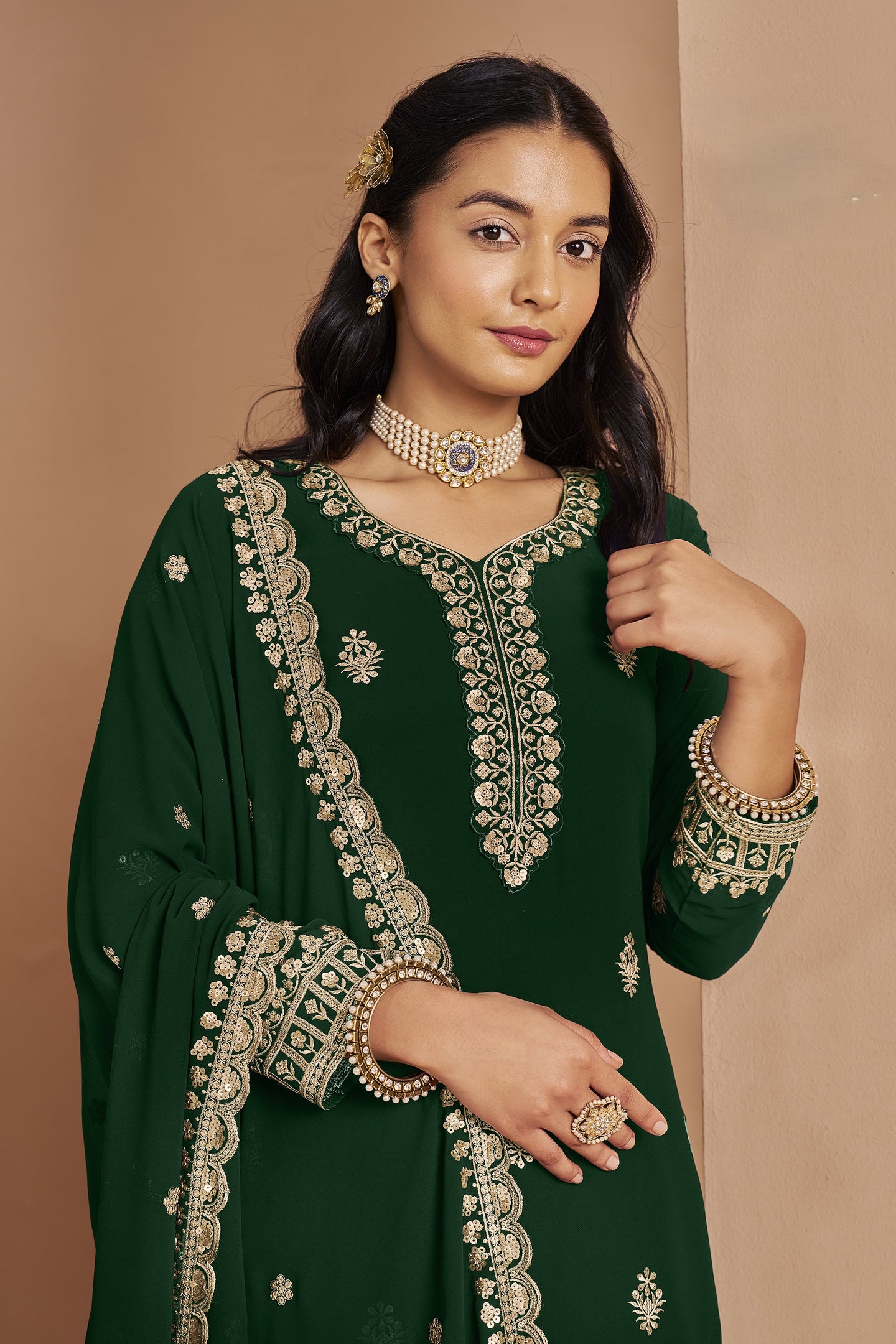 Green Georgette Latest Plazo Design for Wedding with Thread and Sequins Embroidery