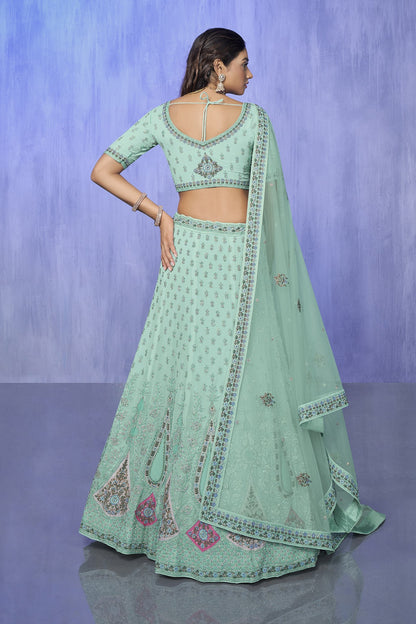 Green Pakistani Georgette Lehenga Choli For Indian Festivals & Weddings - Embroidery Work,