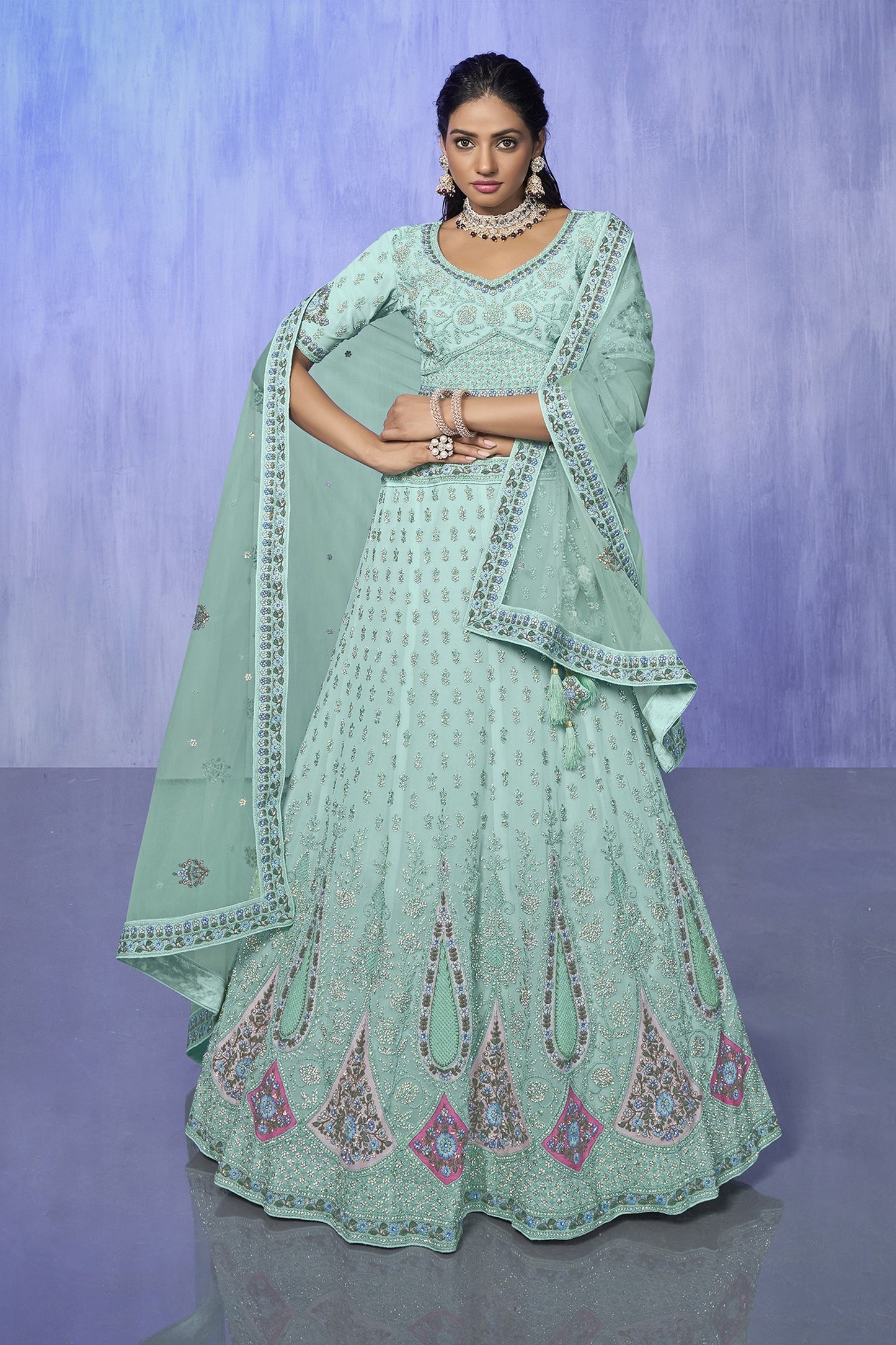 Green Pakistani Georgette Lehenga Choli For Indian Festivals & Weddings - Embroidery Work,