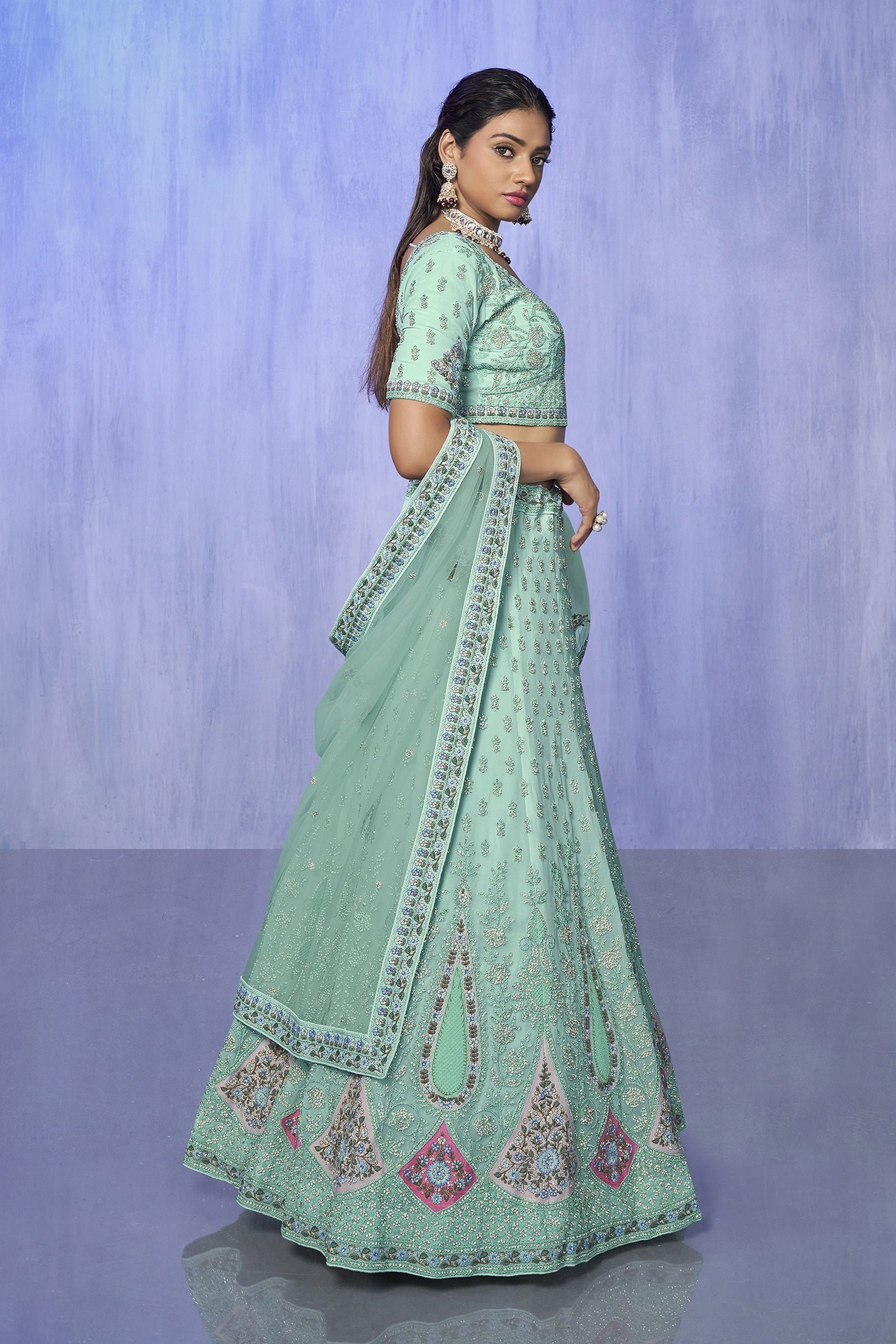 Green Pakistani Georgette Lehenga Choli For Indian Festivals & Weddings - Embroidery Work,