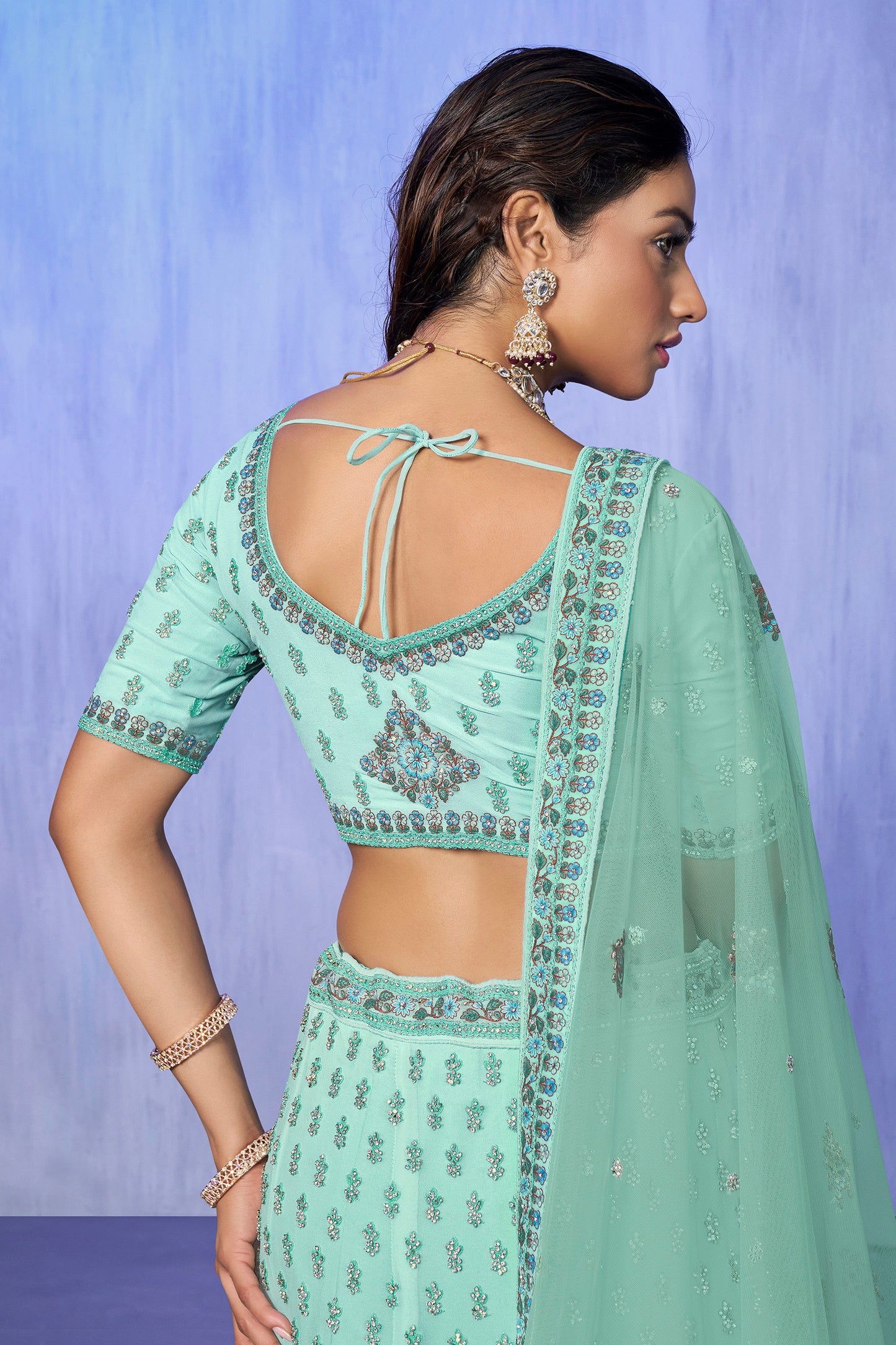 Green Pakistani Georgette Lehenga Choli For Indian Festivals & Weddings - Embroidery Work,