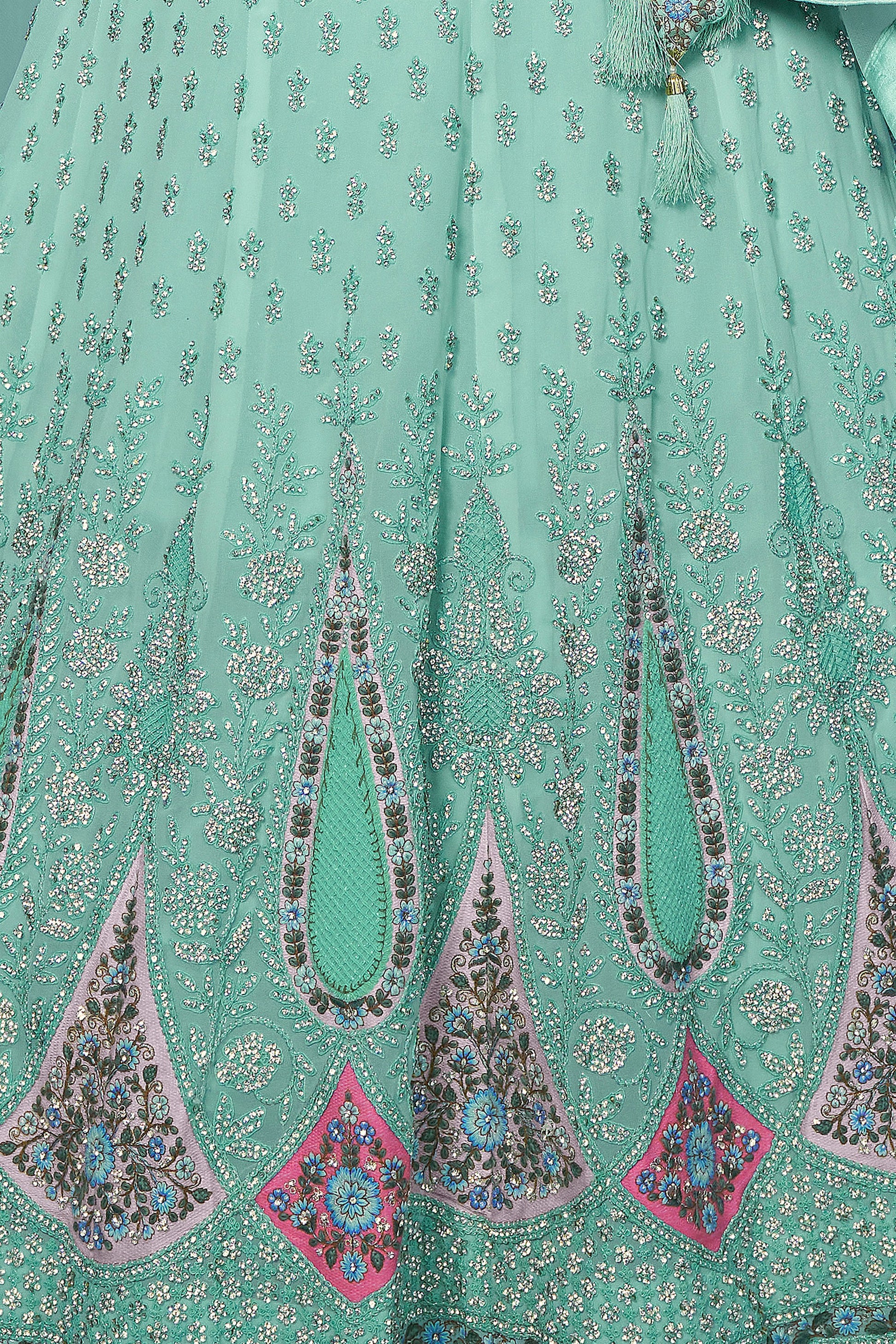 Green Pakistani Georgette Lehenga Choli For Indian Festivals & Weddings - Embroidery Work,