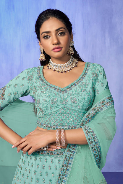 Green Pakistani Georgette Lehenga Choli For Indian Festivals & Weddings - Embroidery Work,