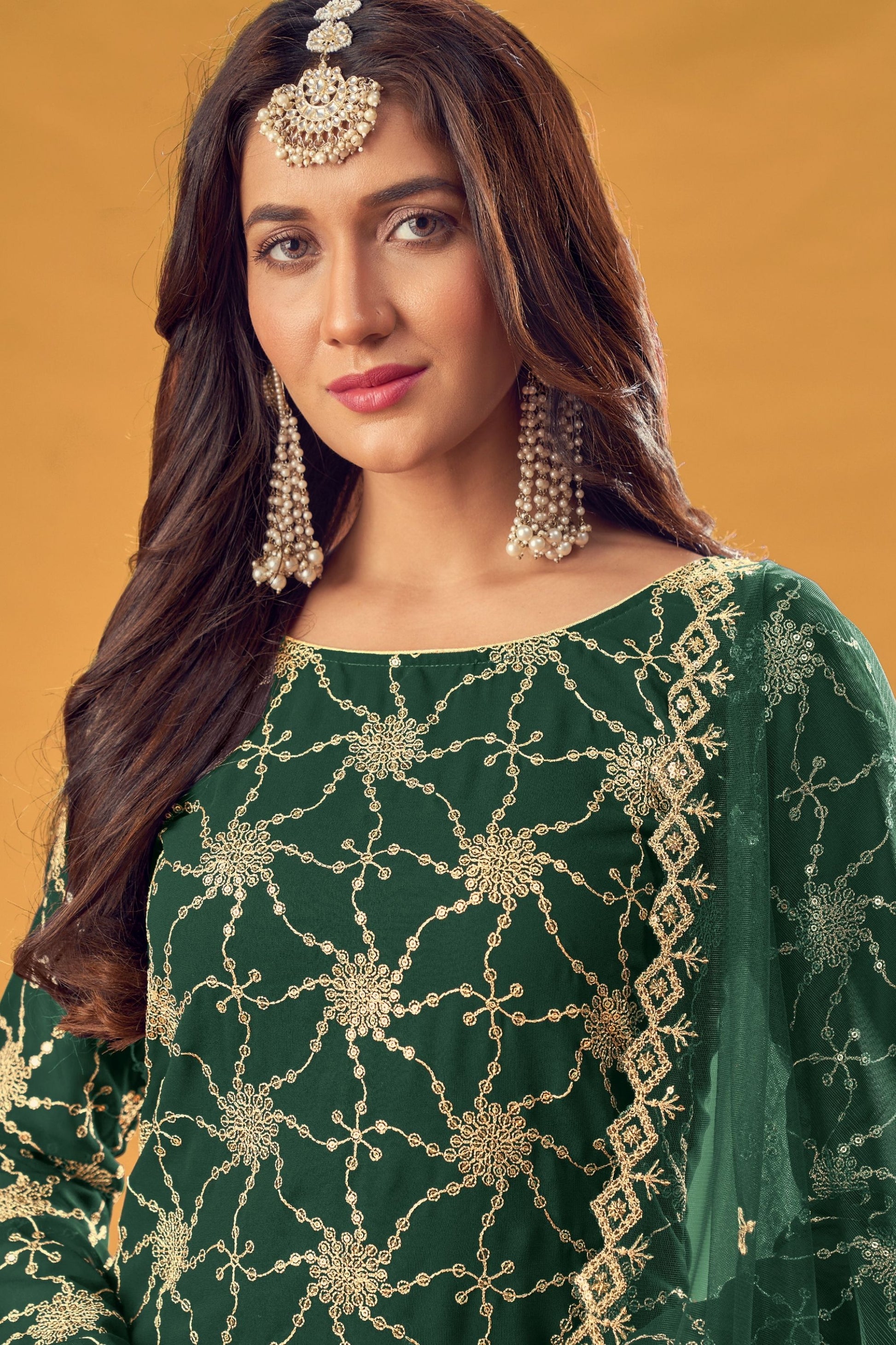 Green Pakistani Georgette Plazo For Indian Festivals & Weddings - Thread Embroidery Work,