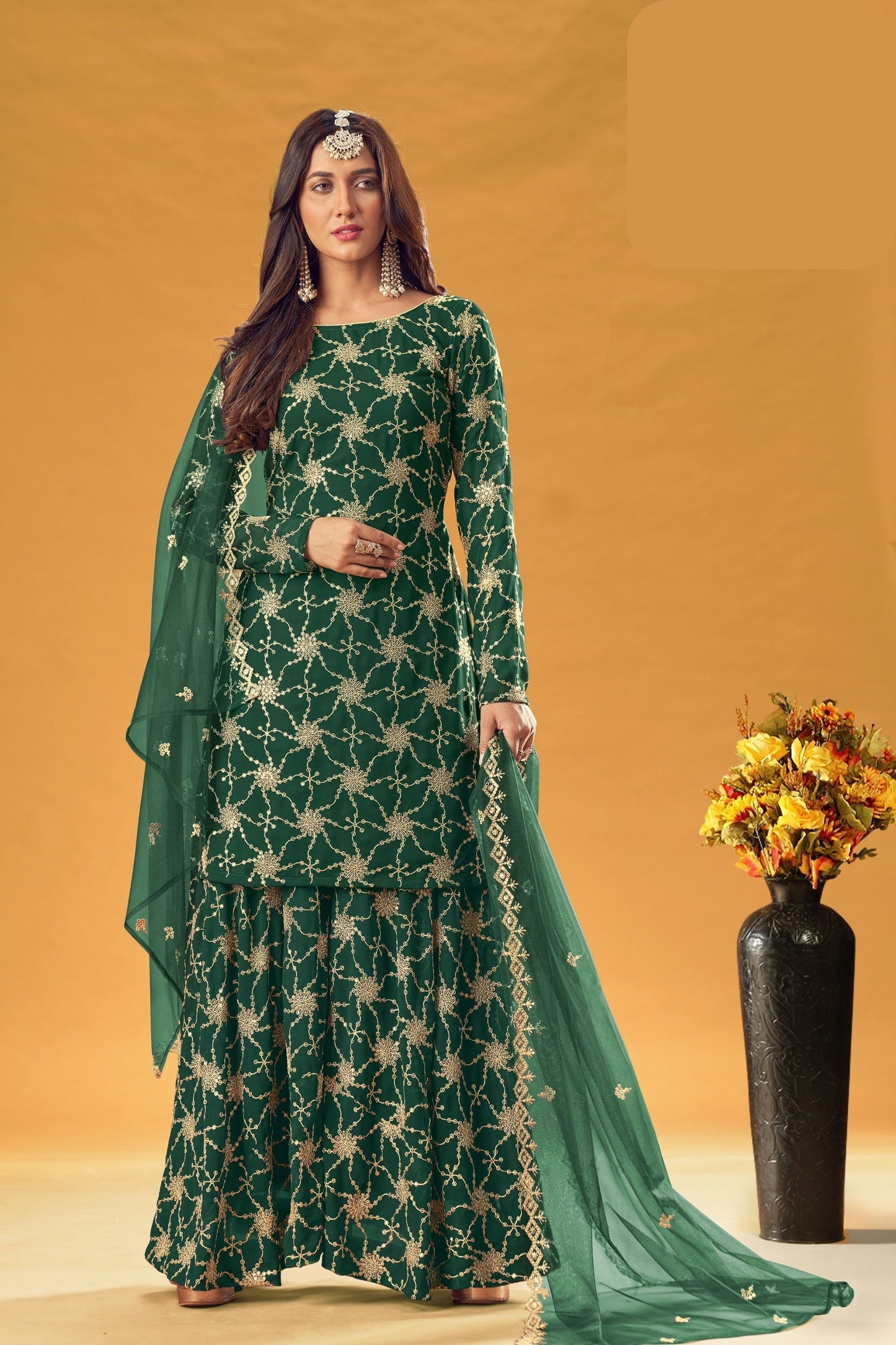 Green Pakistani Georgette Plazo For Indian Festivals & Weddings - Thread Embroidery Work,